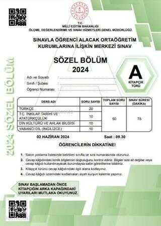 2024 LGS Tıpkıbasım Sözel Bölüm A Kitapçık Türü